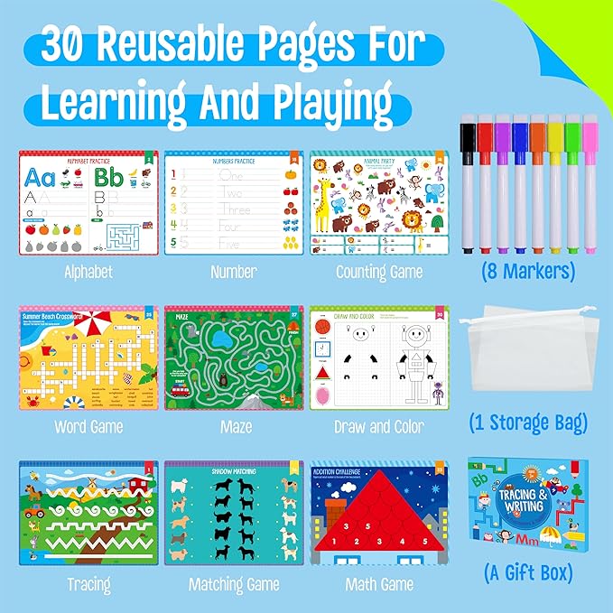 Alphabet & Numbers Handwriting Workbook, 30 Dry-Erase Activity Pages Letter and Number Tracing Practice for Preschool, Fun Mini Games Autism Busy Book for Kids, Toddlers, Educational Toy for Ages 3+