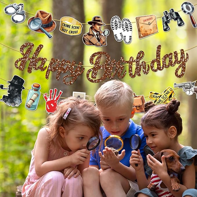 CC HOME 3Pcs Detective Happy Birthday Banner Magnifying Glass Camera Party Hanging Banner Detective Theme Birthday Bridal Wedding Baby Shower Boys Girls Kids Home Classroom Party Supplies Decorations