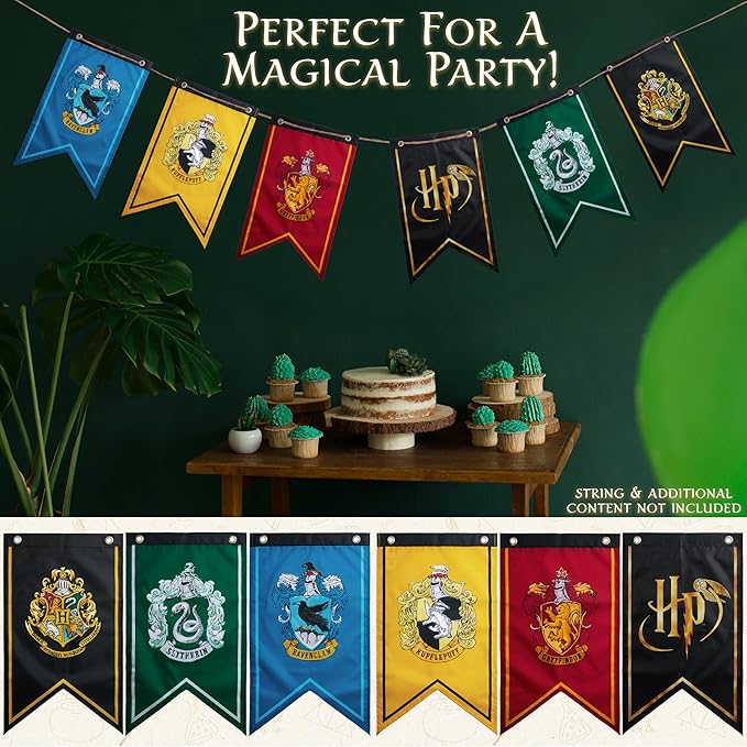 Harry Potter Gifts Banner Decorations Set of 6 Hogwarts House Flags 20x12 Inch Gryffindor, Slytherin, Ravenclaw, Hufflepuff Birthday Party Supplies (Multi Flags)