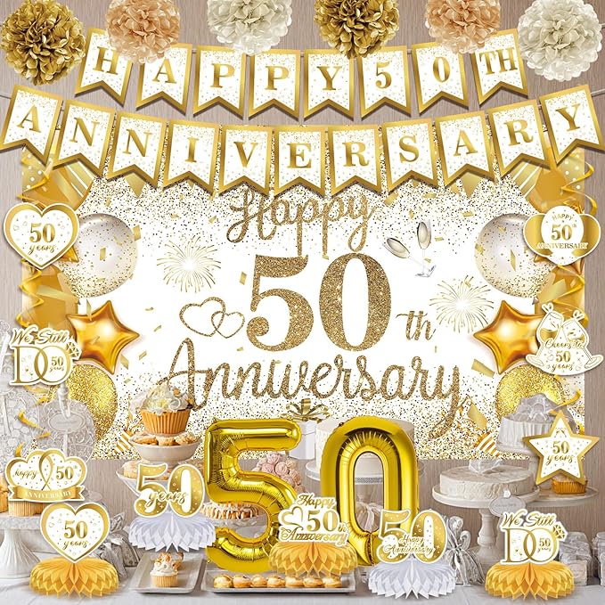 50th Golden Wedding Anniversary Decorations - White Gold Happy Anniversary Banner Backdrop Centerpiece Hanging Swirls Pom Poms