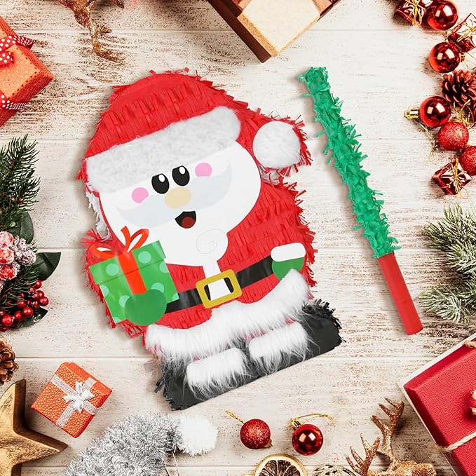 Christmas Santa Claus Pinatas Bundle with a Blindfold and Bat (Small Size 17x12.5x4 Inches), Holiday Theme Piñata, Christmas Party Supplies, Xmas Piñata, Party Decoration Games