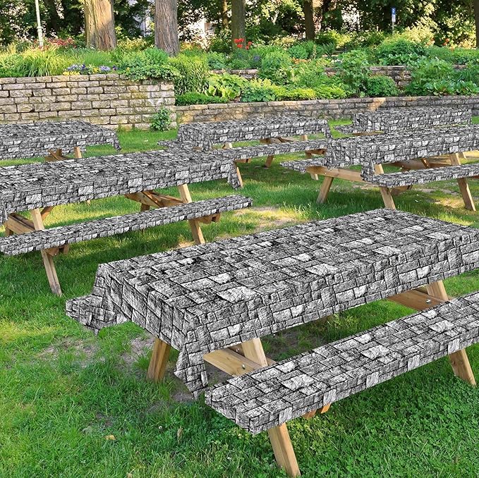 party greeting Brick Stone Wall Tablecloth Roll 100FT x 51 Inch Disposable Stone Wrapping Plastic Table Cover Castle Backdrop for Halloween Western Birthday Medieval Party Decoration Favors Supplies