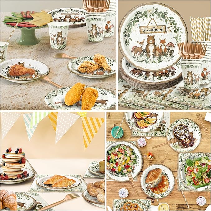Woodland Baby Shower Party Supplies - 144 Pcs Serve 24 Guests, Safari Jungle Animal Party Decorations Include Plates and Napkins, Cups, Straws, Forks