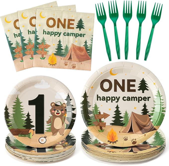 Camping Tableware Party Supplies - 96Pcs One Happy Camper Tableware Decorations Camping Adventure Themed Disposable Paper Plates Napkins Forks for Kids Boy 1st Birthday Baby Shower Serve 24