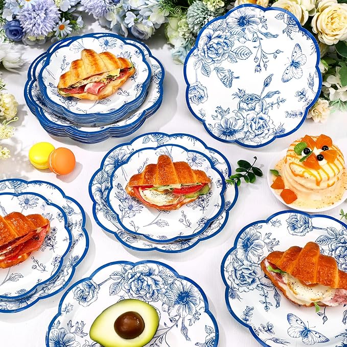 60 Pcs Blue White Floral Paper Plates 9 in and 7 in Disposable Butterfly Flower Party Plates Spring Elegant Dinner Dessert Tableware for Wedding Baby Shower Chinoiserie Table Decor Supplies