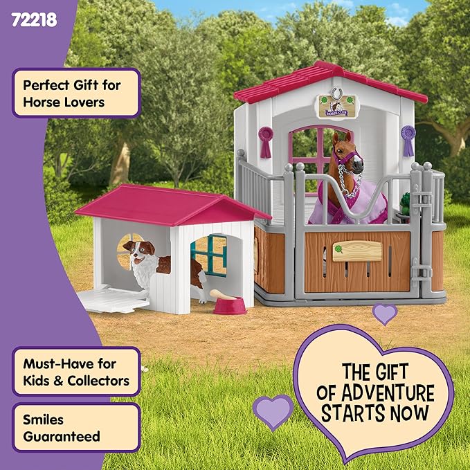 Schleich Horse Club - 32PC Horse Stall and Doghouse Playset - Realistic Racehorse and Dog Figurines with Tack Accessories - Equestrian Toys for Imaginative Play - Boys and Girls 5+ | 72218