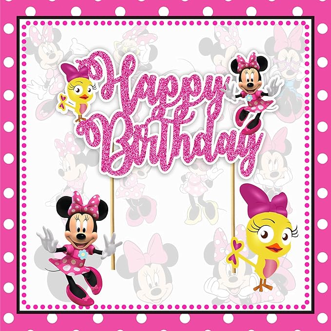 "Minie Mouse Happy Birthday Cake Topper – Cartoon Theme Cake Decoration for Girls – Pink and Cute Minie Cake Topper for Shower, Birthday Party, Family Celebrations & Cartoon Fan Events"