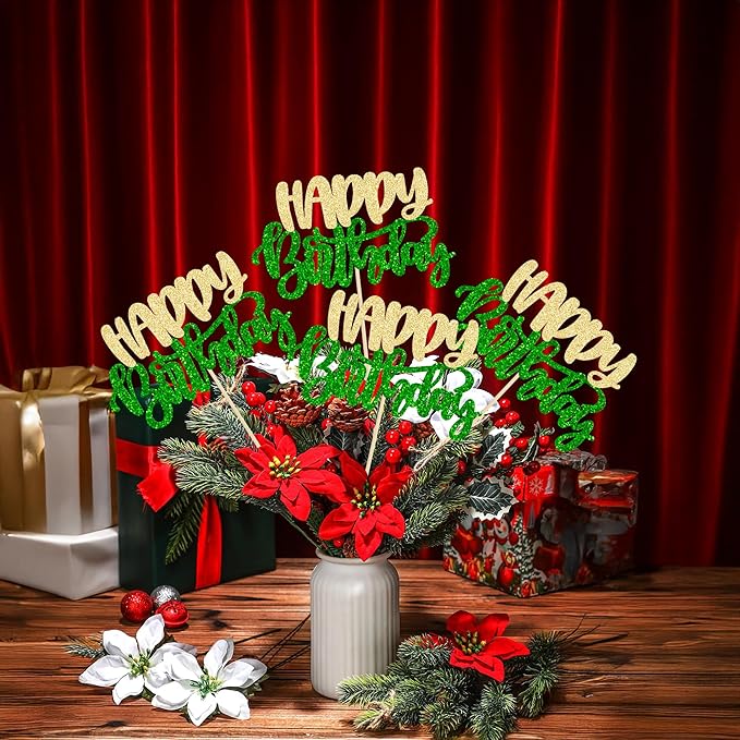 Gyufise 12Pcs Happy Birthday Centerpieces Sticks Double Sided Glitter Birthday Party Decorations Anniversary Table Flower Centerpiece for Celebrating Party Supplies Green Gold