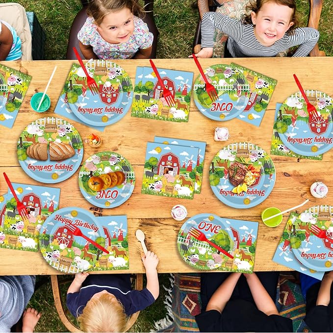 gisgfim 96Pcs Farm Animals Theme Birthday Party Supplies Barnyard 1st Birthday Paper Plates Napkins Cow One Farmhouse Tableware Dinnerware Set Decorations Favors for Baby Shower Serve 24