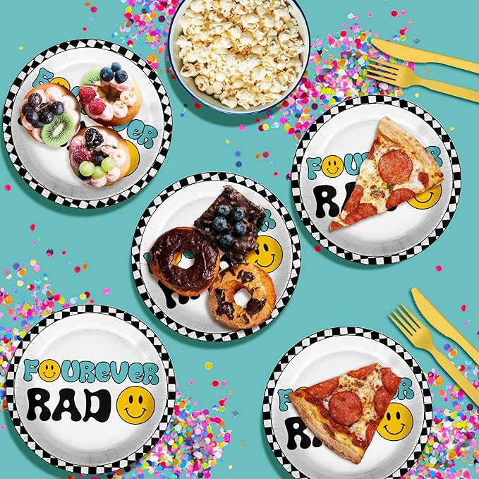 Fourever Rad Smiley Face Fourth Birthday - 32 Piece Disposable Party Supplies - Decorations for Boy's 4th Birthday Round Party Plates - Large 9" Paper Plates In Bulk