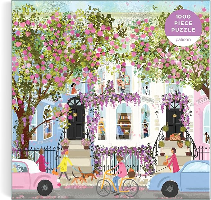 Galison Spring Terrace – 1000 Piece Joy Laforme Puzzle Featuring a Magnolia Filled Neighborhood Day On A Spring Day