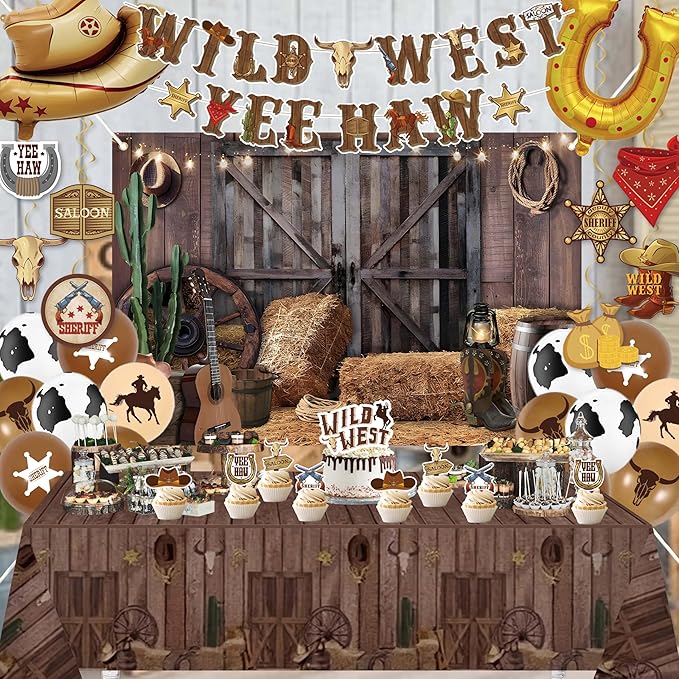 Western Party Decorations,Cowboy Party Decorations For Men,Wild Weat Banner,Cow Print Foil Balloon,Table Cloth,Western Decor For Boys