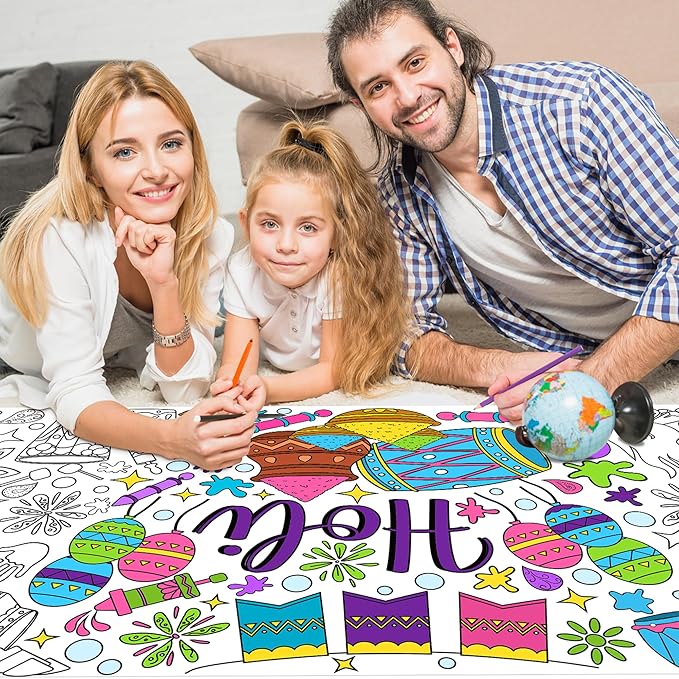 Jumbo Holi Coloring Poster - Happy Holi Festival DIY Drawing Color-in Paper Blank Doodle Art Banner 55.1 x 23.6 Inch Decor Home Family Community Activity Celebration Party Suppiles