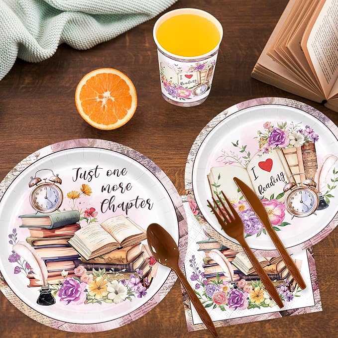168pcs Book Themed Party Decorations Book Paper Plates Napkins Cups Book Disposable Tableware Set for Kids Book Club Library Reading Party Supplies Serves 24