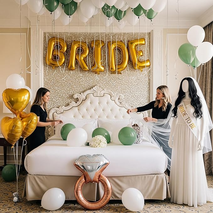 Sage Green Bridal Shower party decorations with HUGE 40 Inch BRIDE letter gold Balloons BRIDE to be Sash Bridal Veil Diamond Ring Heart shape Balloons For Bachelorette party Wedding supplies