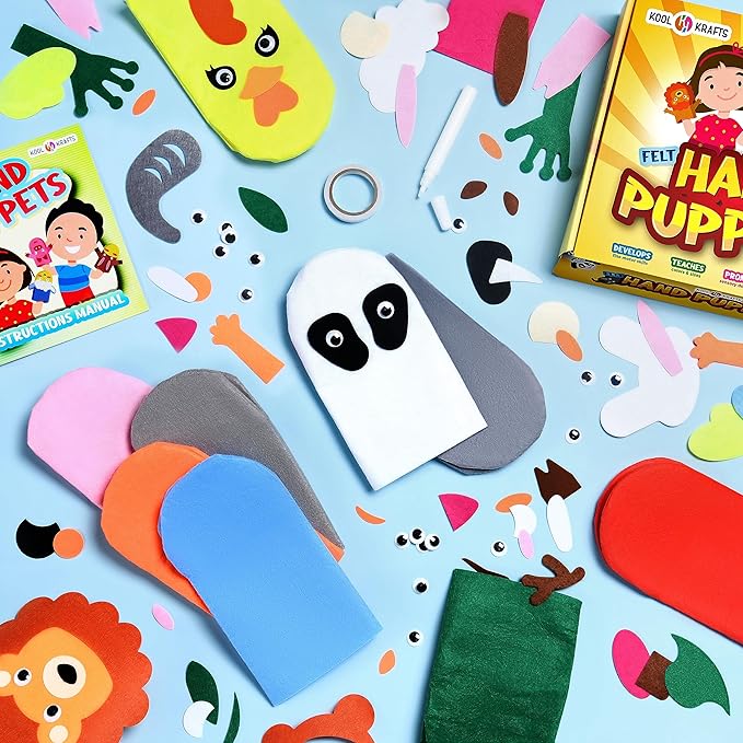 Hand Puppet Kit – Make Your Own Animal Characters, 10 Felt Pieces, Simple Step-by-Step Instructions, Arts & Crafts Activity for Kids, Role Play & Storytelling Birthday Gift