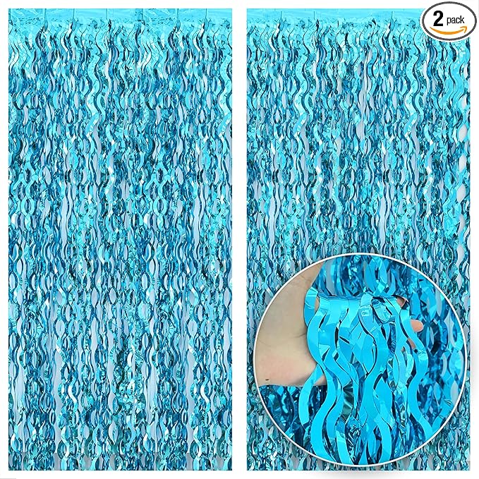 Katchon, Xtralarge Wavy Blue Foil Fringe Curtain - Pack of 2 | Blue Streamers for Under The Sea Party Decorations | Foil Fringe Backdrop for Birthday, Cruise Door Decorations, Pool Party Decorations