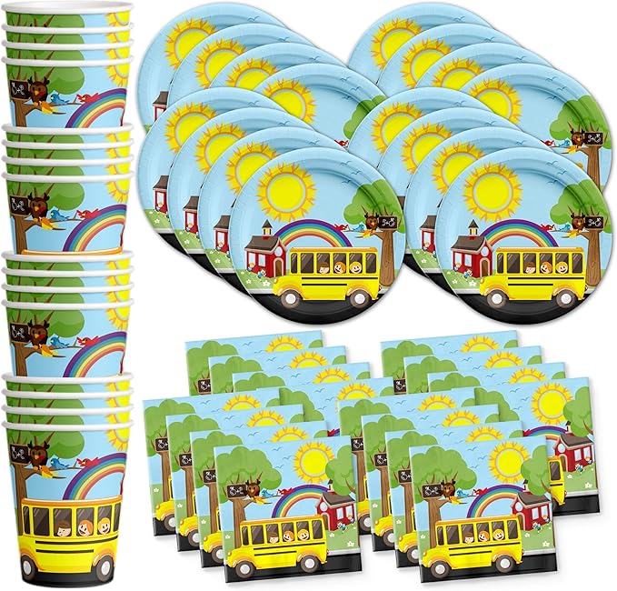 School Bus Birthday Party Supplies Set Plates Napkins Cups Tableware Kit for 16