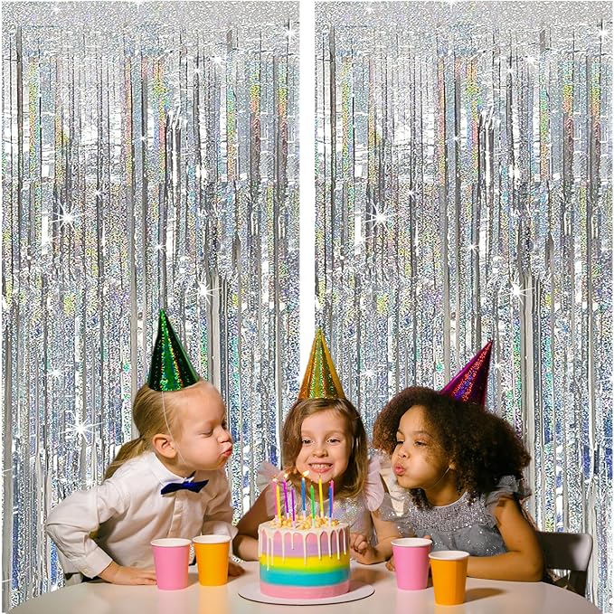 2 Pack Silver Foil Fringe Curtains, 3.3x6.6 Ft Metallic Tinsel Backdrop Party Decorations Door Silver Streamers for Birthday Wedding Engagement Decor,Photo Booth Props, Party Supplies