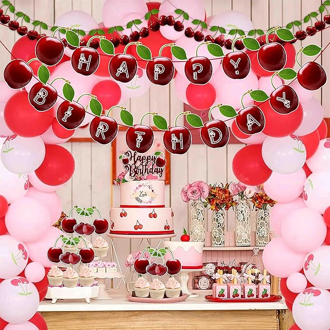 Cherry Theme Birthday Party Supplies – Sweet Fruit Inspired Party Decoration Set for Birthday Celebrations, Decorative Table Styling Items for Themed Events, Dessert Table Setup.