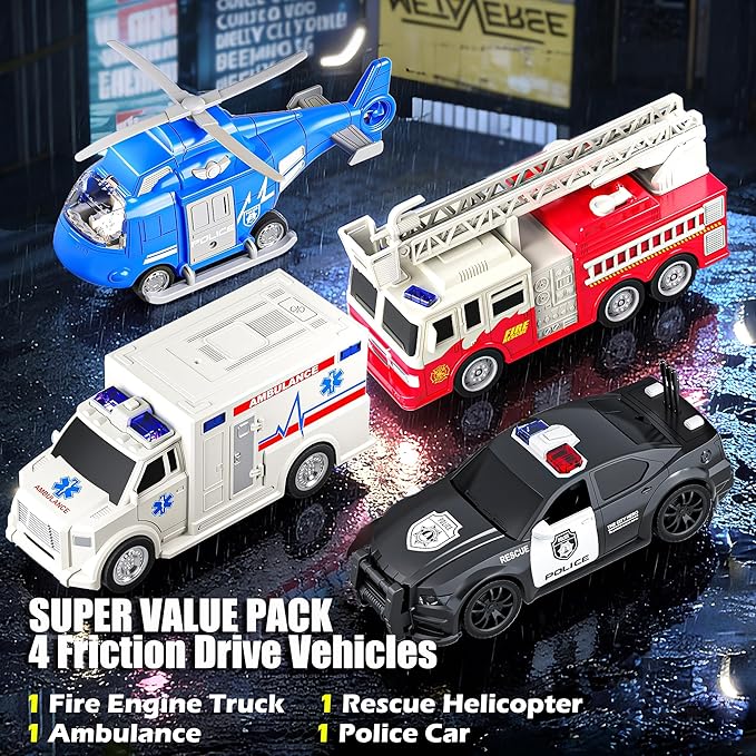 EPPO 4 Packs Fire Truck Toy, Ambulance, Police Car, and Helicopter, Emergency Vehicle Truck Toy Set with Lights and Sounds, Friction Powered Car Toy for Toddler Boys Girls 3 4 5 6 Years Old