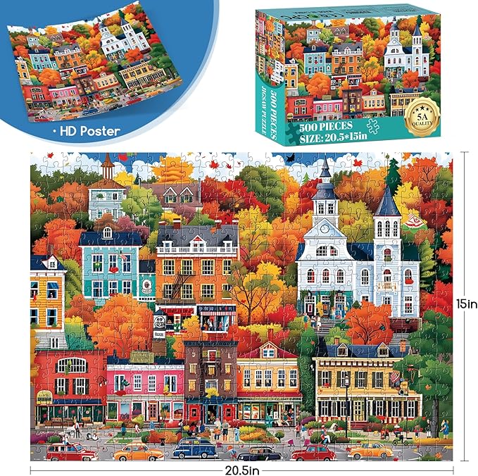 500 Piece Puzzle for Adults | Town in Autumn Street Puzzle | Recycled Cardboard Fall City Landscape Jigsaw Puzzle 500 Pieces | Challenging Game Home Decor Birthday Party Gift for Adults Seniors