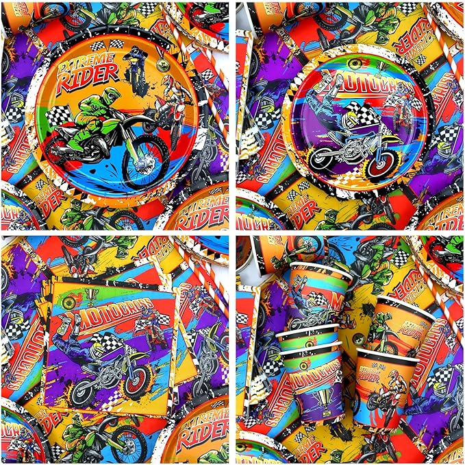 Dirt Bike Party Supplies, Includes Happy Birthday Backdrop, Plate, Napkin, Cups, Cake Toppers, Gift Bags, Tablecloth, for Kids Boys Girls Motorcycle Extreme Sports Theme Birthday Decorations Serve 20