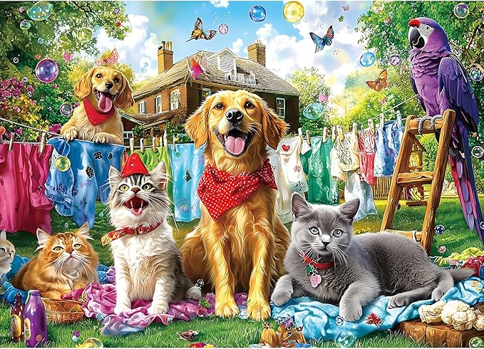 Laundry Day Pets 1000 Piece Jigsaw Puzzle for Adults - Colorful Backyard Garden Scene with Dogs, Cats & Parrot - Playful Animal Challenging & Fun Adult Puzzle - Vibrant Home Décor & Game Night Gift