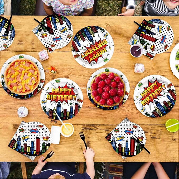 Grencian 96Pcs Super Theme Hero Party Supplies White Comic Hero Plates and Napkins Hero's Action Sign Cityscape Tableware Sets for Kids Baby Shower Hero Spider themed Party Decorations Favors Serve 24