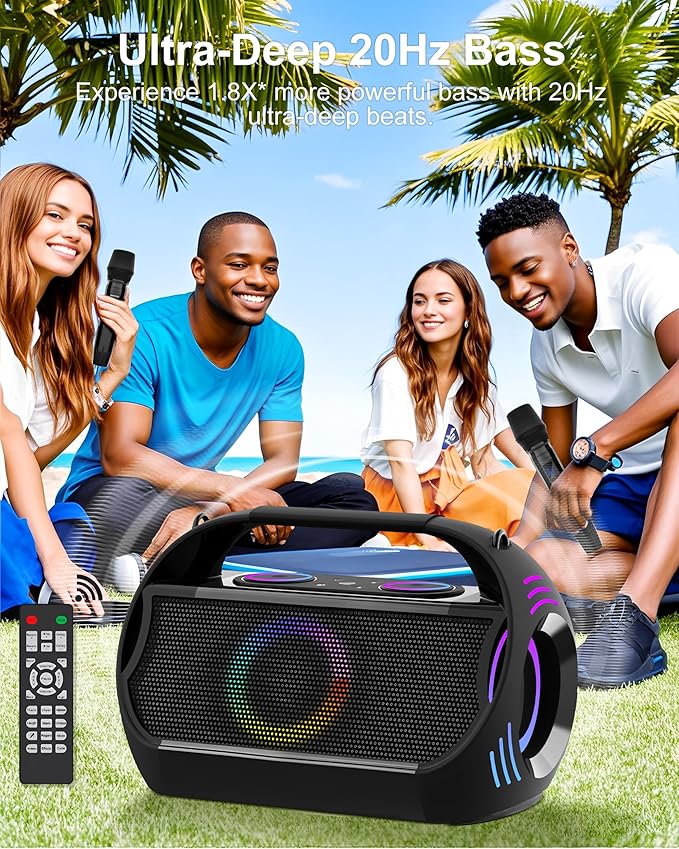 Rechargeable Karaoke Party Speaker(100W) with 2 Wireless Microphones for Adults and Kids,18000mAh,LED Light Show,HD Sound,Deep Bass,Support Recording/Bluetooth/AUX/USB/TF Play for Home,Tv,Beach,Travel