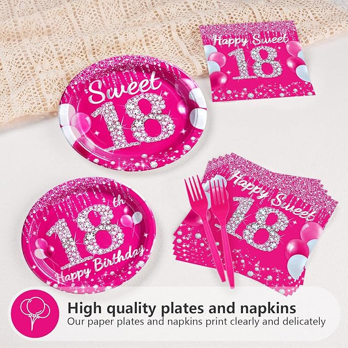 Grencian 96 Pcs 18th Birthday Party Supplies Hot Pink Sweet 18 Years Old Plates and Napkins Disposable Tableware Set Eighteen Birthday Decorations for Girls Happy 18th Birthday Party Favors Serves 24