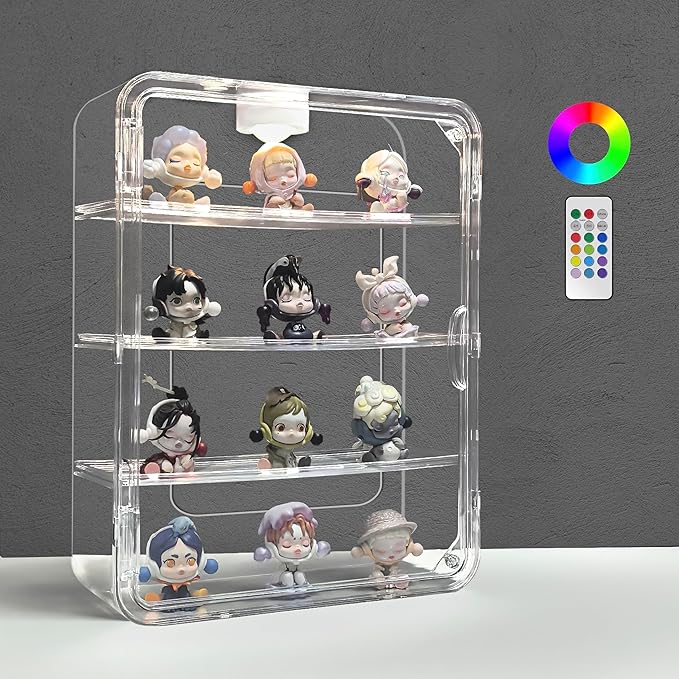 Clear Acrylic Display Case, Figures Display Box Wall Mounted with Lights for Pop Mart Funko Collectibles LEGO Minifigures Mini Action Figurines Mini Toys Pop, 4 Tiers Detachable Desktop Dustproof