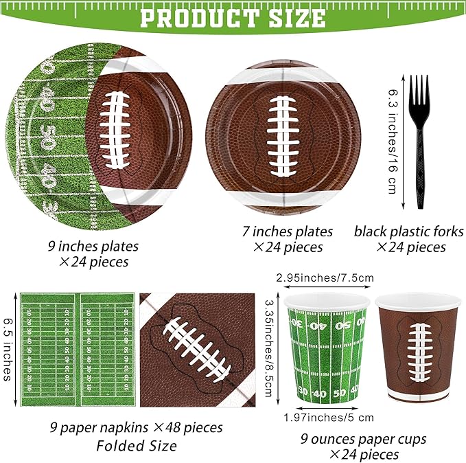 durony 144 Pieces Football Party Supplies Tableware Set Disposable Paper Plates and Napkins Forks Serve 24 Guests Football Table Buffet Decoration for Football Birthday Party Supplies