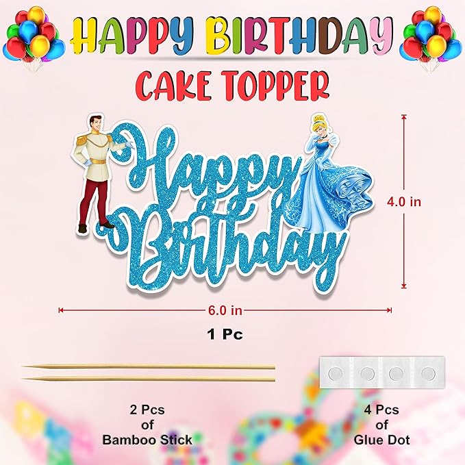 "Cnderela Happy Birthday Cake Topper – Princess Theme Birthday Party Supplies – Magical Fairytale Cake Decoration – Perfect Birthday Cake Topper for Princess Party – Reusable Glitter Cake Décor"