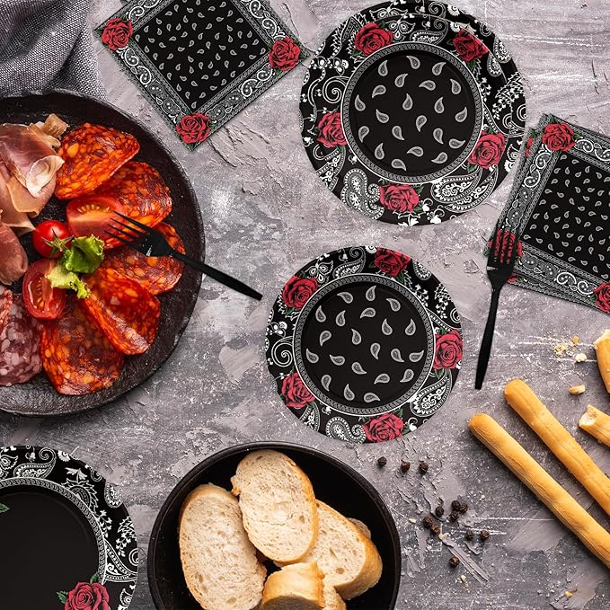 96PCS Black Bandana Western Party Decorations Cholo Gangsta Party Plates Disposable Black Bandana Tableware Set for Early 2000s Cholo Theme Western Birthday Party Supplies, Serves 24