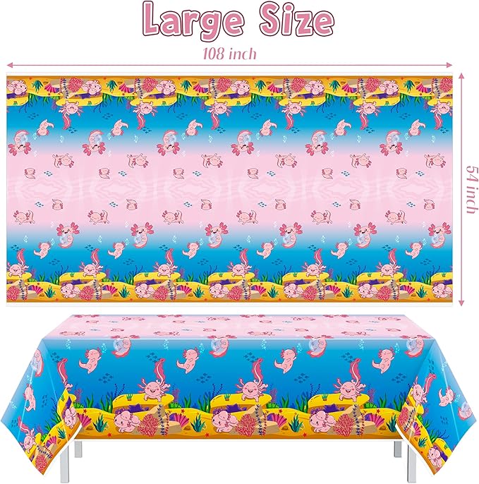 Axolotl Plastic Table Cover - 3Packs(54x108 Inch) Pink Axolotl Disposable Rectangle Plastic Tablecloth Birthday Theme Party Decoration Decor Supplies Table Cloth Giant Coloring Baby Shower