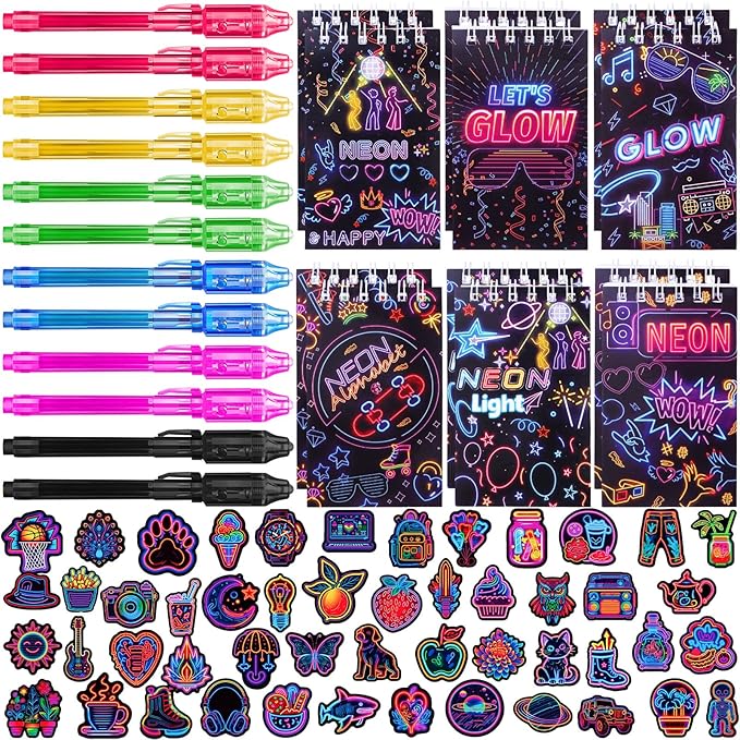 Winrayk 74Pcs Glow in the Dark Party Favors Neon Birthday Supplies Kids, Invisible Ink Pen Mini Notebook Neon Stickers, Pinata Filler Goodie Bag Stuffer Teen Girls Boys Glow in the Dark Party Supplies