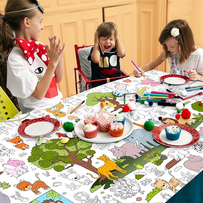 Wild Coloring Tablecloth for Kids, Jumbo 30x72 Inch Poster with Jungle Animals, Leaves, Safari Scenes, Perfect for Wild Party Games, Jungle Decorations, Classroom Fun, Celebration Supplies