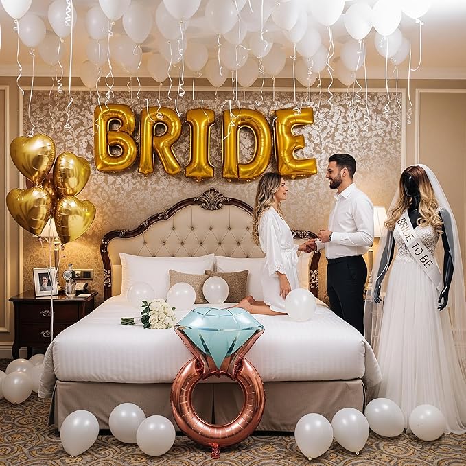 Gold Bridal Shower party decorations with huge 40in Gold BRIDE letter Pearl Balloons BRIDE to be Sash Bridal Veil Diamond Ring Heart shape Balloons For Bachelorette party Wedding supplies