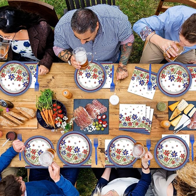 96Pcs American 4th of July Independence Party Plates and Napkins Patriotic Party Decorations Memorial Days Dessert Plates Poppy Flower Tableware for 24 Guests Labor Veterans Days Party Supplies