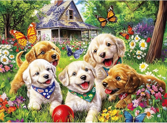300 Piece Puzzles for Adults, Garden Dog Jigsaw Puzzle for Children Elderly, Large Piece Fun Animal Puzzle for Kids Ages 8-10 10-12,Cute Puppy Pet Lover Jigsaw Puzzles,Family Game Great Gift 20.5*15in
