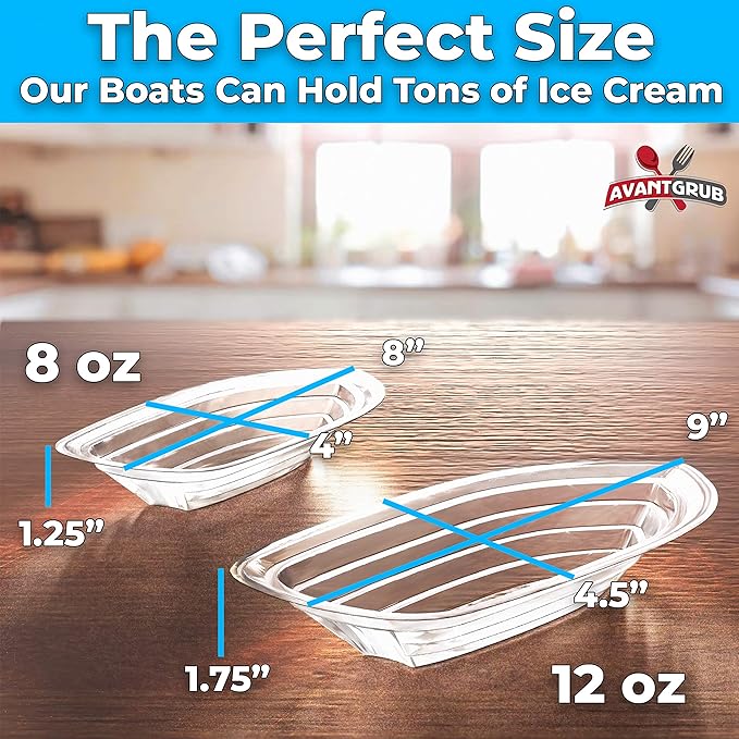 Super Fun Recyclable 8oz Banana Split Boats 250 Pack. Durable, Disposable Ice Cream Sundae Bowls. Perfect Plastic Cups for Social Event or Kids Birthday Party. Great Clear Dessert Tray for Carnivals.