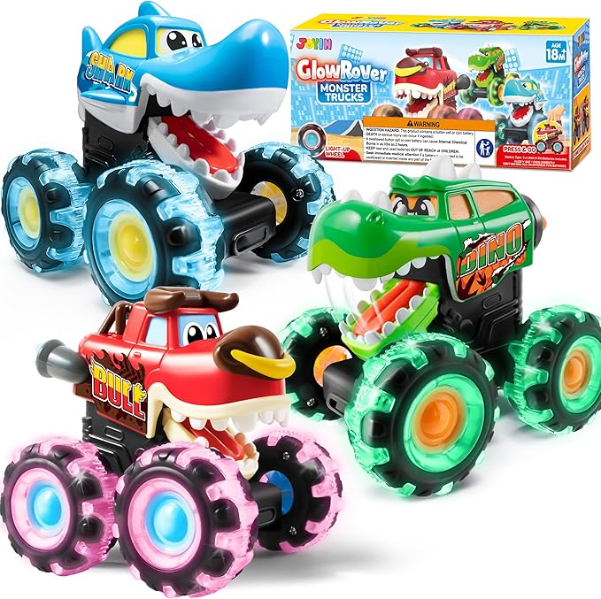 JOYIN 3 Pack Monster Truck Toy - Motion Activated Light Up Cars for Toddlers - Monster Glow Rover LED Wheels - Baby Boy Toys - Press and Go Trucks for Kids Boy Birthday Gifts Easter Basket Stuffers