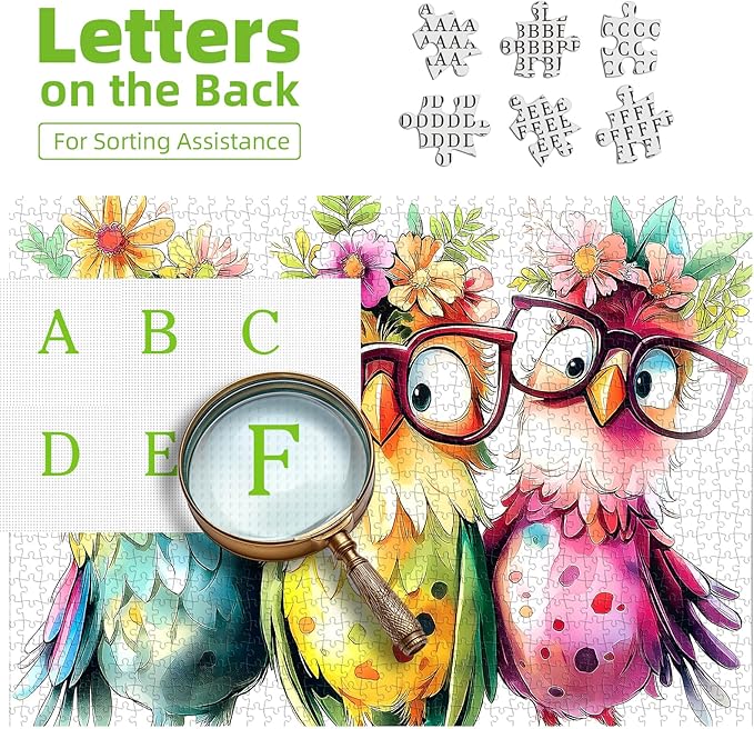 Colorful Owls 500 Piece Jigsaw Puzzle for Adults Cute Cartoon Birds Art Puzzle Family Fun Puzzle with with Letters on Back Challenging Puzzle for Seniors, Home Decor (23''X15'')