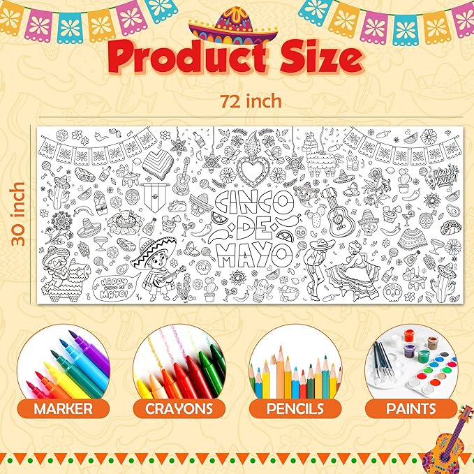 OHOME Cinco De Mayo Giant Coloring Poster/Tablecloth - 30 x 72 Inches Jumbo Coloring Banner Kids Crafts Games Accessories Gifts Decor - Fiesta Mexican Party Decorations