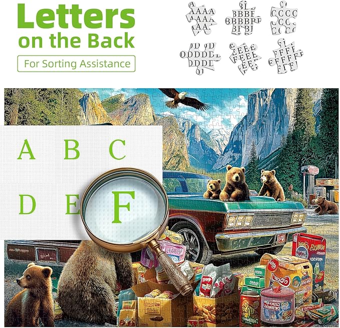 Blueforest Yosemite Bears Picnic Adventure 1000 Piece Puzzle for Adults - Challenging Wildlife Jigsaw Puzzle with Vintage Car, Granite Cliffs | Bonus Poster & Letters on Back (27.5" x 19.7")
