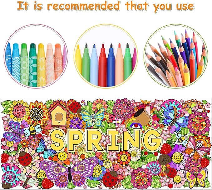 Dvbonike Jumbo Spring Mandala Coloring Poster Giant Flower Butterfly Color-in Paper Poster DIY Drawing Blank Doodle Art Banner 55 x 24 inch Decoration, Home School Activity Party Supplies for Kids