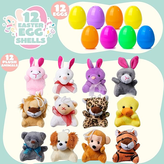 JOYIN 12 Pcs Prefilled Easter Eggs of Mini Stuffed Animal Plush Toys Basket Stuffer for Kids Easter Egg Hunt Filler and Party Favors, Classroom Prize Supplies