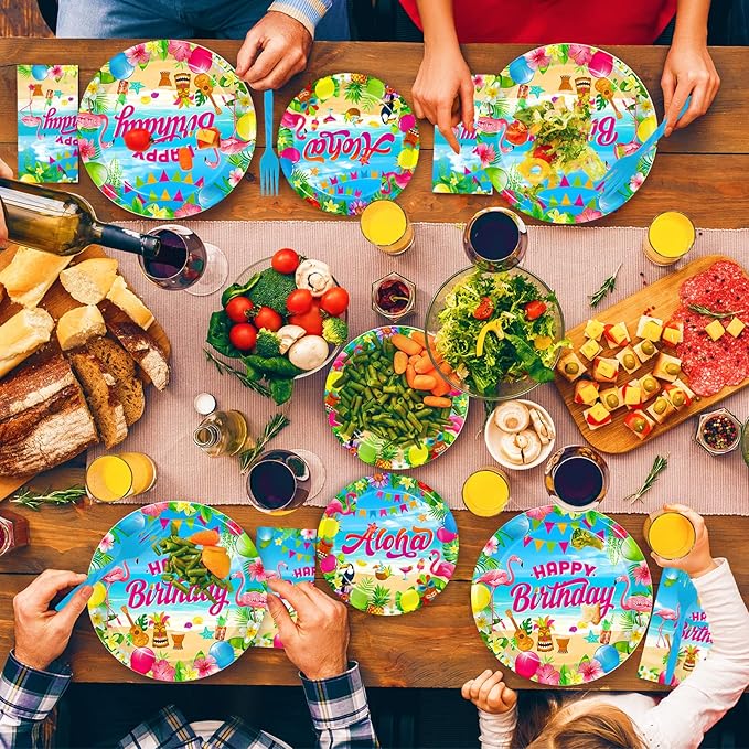 96 Pcs Hawaiian Aloha Party Decorations Supplies, Luau Tropical Birthday Party Plates Summer Beach Holiday Party Paper Plates Napkins Tableware Disposable Dinnerware Set , Serves 24