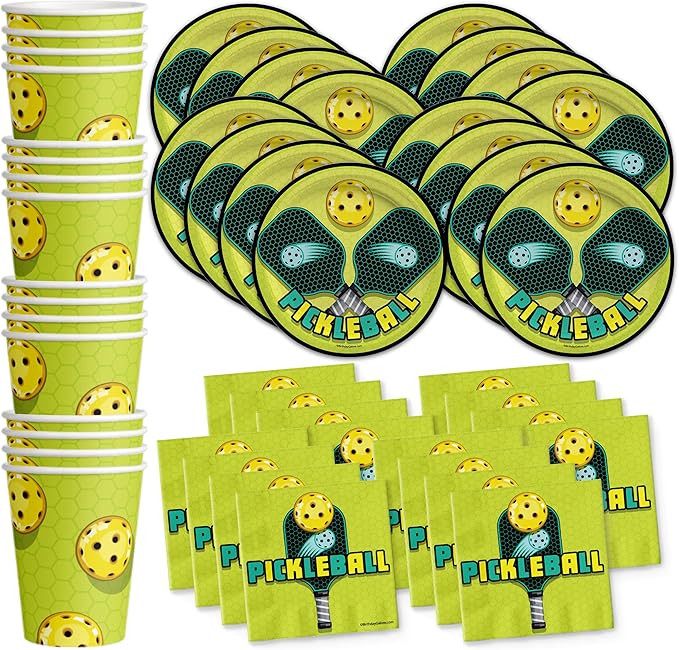 Pickle Ball Birthday Party Supplies - Pickleball Party Supplies - Summer Paper Plates | Disposable Tableware Set Includes Plates Napkins and Cups | Kit for 16